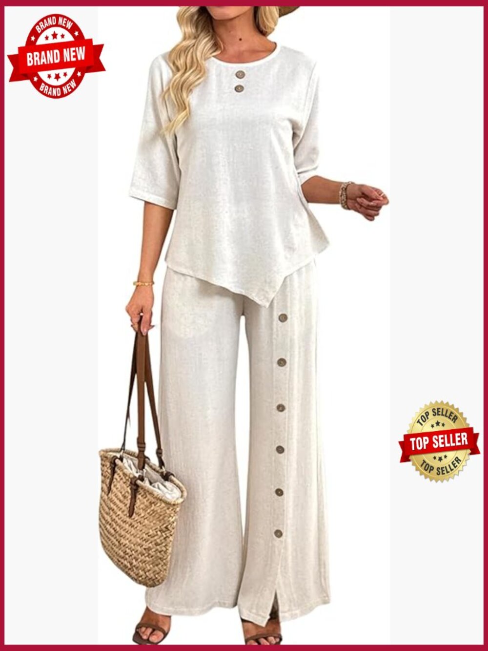 Linen 2 Piece Outfit: 3/4 Sleeve Top & Wide Leg Pants